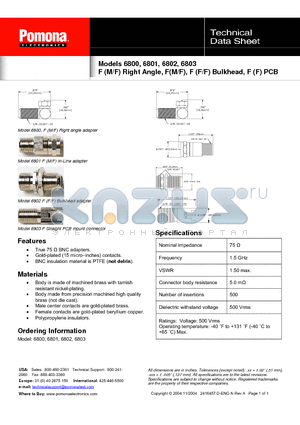 6800 datasheet - F (M/F) Right Angle, F(M/F), F (F/F) Bulkhead, F (F) PCB