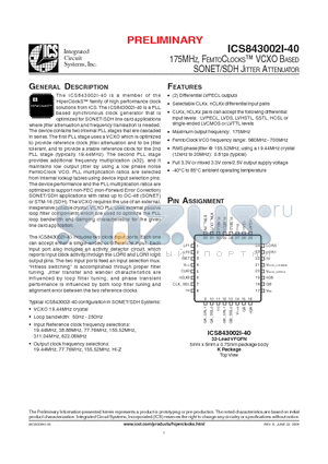 ICS843002AKI-40 datasheet - 175MHZ, FEMTOCLOCKS-TM VCXO BASED SONET/SDH JITTER ATTENUATOR