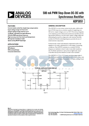 ADP3051ARMZ-REEL7 datasheet - 500 mA PWM Step-Down DC-DC with Synchronous Rectifier