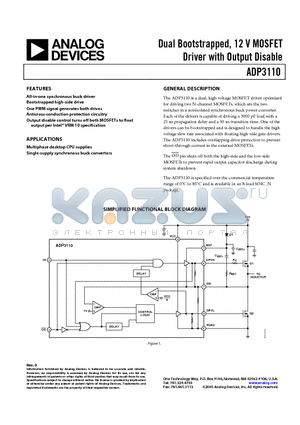 ADP3110KRZ1 datasheet - Dual Bootstrapped, 12 V MOSFET Driver with Output Disable