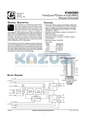 ICS843003AG datasheet - FEMTOCLOCKS CRYSTAL-TO-3.3V LVPECL FREQUENCY SYNTHESIZER