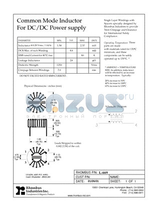 L-669 datasheet - Common Mode Inductor For DC/DC Power supply