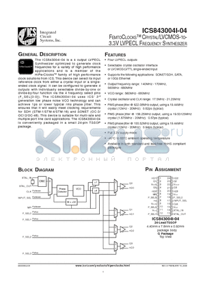 ICS843004AGI-04LFT datasheet - FEMTOCLOCKS-TM CRYSTAL/LVCMOS-TO- 3.3V LVPECL FREQUENCY SYNTHESIZER