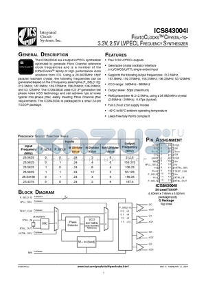 ICS843004AGIT datasheet - FEMTOCLOCKS-TM CRYSTAL-TO- 3.3V, 2.5V LVPECL FREQUENCY SYNTHESIZER