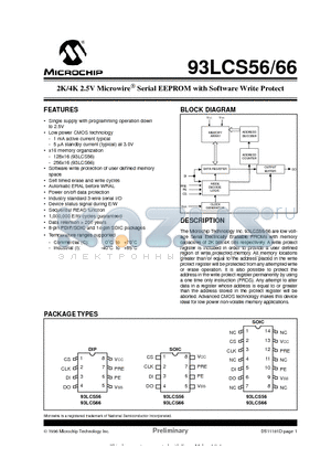 93LCS56-ISN datasheet - 2K/4K 2.5V Microwire Serial EEPROM with Software Write Protect