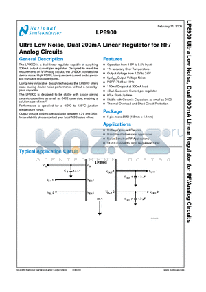 LP8900 datasheet - Ultra Low Noise, Dual 200mA Linear Regulator for RF/Analog Circuits