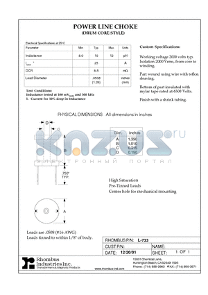 L-733 datasheet - POWER LINE CHOKE