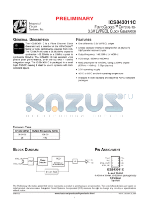 ICS843011CGLFT datasheet - FEMTOCLOCKS-TM CRYSTAL-TO- 3.3V LVPECL CLOCK GENERATOR