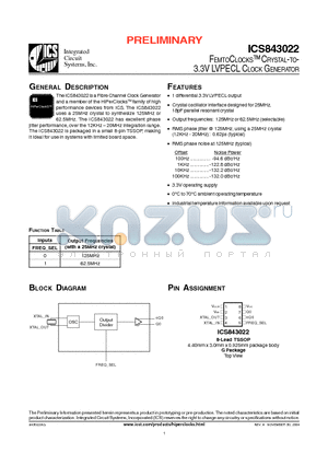 ICS843022 datasheet - FEMTOCLOCKS-TM CRYSTAL-TO- 3.3V LVPECL CLOCK GENERATOR