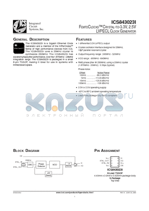 ICS843023AGI datasheet - FEMTOCLOCKS-TM CRYSTAL-TO-3.3V, 2.5V LVPECL CLOCK GENERATOR