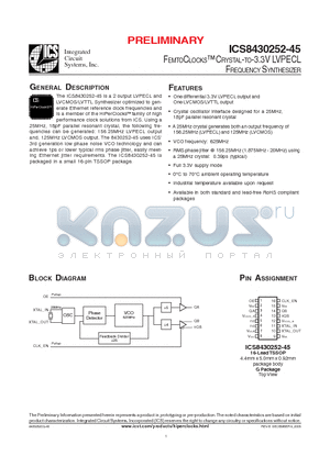 ICS8430252CG-45T datasheet - FEMTOCLOCKS CRYSTAL-TO-3.3V LVPECL FREQUENCY SYNTHESIZER