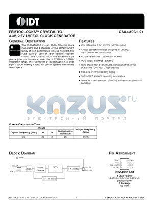 ICS843031-01 datasheet - FEMTOCLOCKS CRYSTAL-TO- 3.3V, 2.5V LVPECL CLOCK GENERATOR