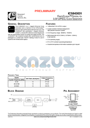 ICS843031AGT datasheet - FEMTOCLOCKS CRYSTAL-TO-3.3V LVPECL CLOCK GENERATOR