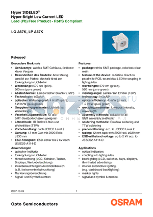LPA67K-E1G2-25 datasheet - Hyper SIDELED Hyper-Bright Low Current LED Lead (Pb) Free Product - RoHS Compliant