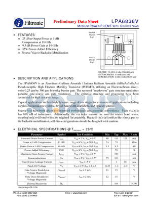 LPA6836V datasheet - MEDIUM POWER PHEMT WITH SOURCE VIAS