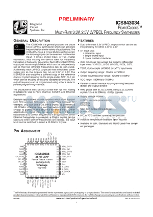 ICS843034 datasheet - MULTI-RATE 3.3V, 2.5V LVPECL FREQUENCY SYNTHESIZER