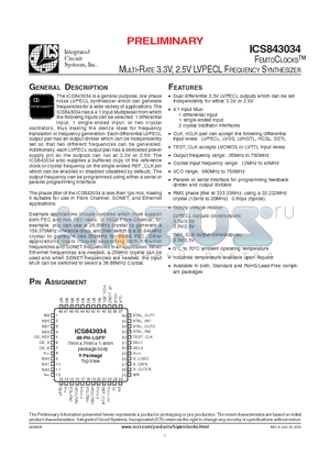ICS843034AY datasheet - MULTI-RATE 3.3V, 2.5V LVPECL FREQUENCY SYNTHESIZER