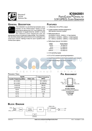 ICS843051 datasheet - FEMTOCLOCKS CRYSTAL-TO-3.3V LVPECL CLOCK GENERATOR