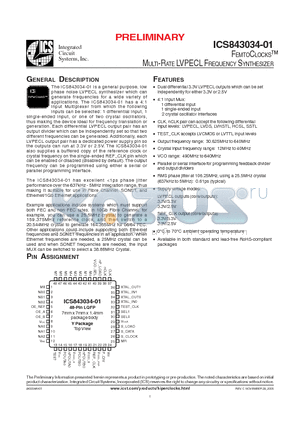 ICS843034AY-01LF datasheet - FEMTOCLOCKS MULTI-RATE LVPECL FREQUENCY SYNTHESIZER