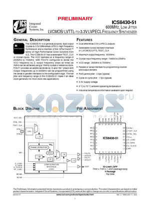 ICS8430AY-51 datasheet - 600MHZ, LOW JITTER LVCMOS/ LVTTL-TO-3.3V LVPECL FREQUENCY SYNTHESIZER