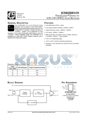 ICS843081AGI-01LF datasheet - FEMTOCLOCKS CRYSTAL-TO-3.3V, 2.5V LVPECL CLOCK MULTIPLIER