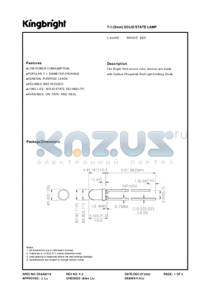 L-934HD datasheet - T-1 (3mm) SOLID STATE LAMP BRIGHT RED