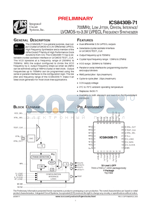 ICS8430BY-71 datasheet - 700MHZ, LOW JITTER, CRYSTAL INTERFACE / LVCMOS-TO-3.3V LVPECL FREQUENCY SYNTHESIZER