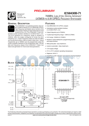 ICS8430BY71L datasheet - 700MHZ, LOW JITTER, CRYSTAL INTERFACE / LVCMOS-TO-3.3V LVPECL FREQUENCY SYNTHESIZER