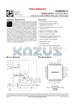 ICS8430CY-11T datasheet - 700MHZ/350MHZ, LOW PHASE NOISE, CRYSTAL-TO- 3.3V LVPECL FREQUENCY SYNTHESIZER