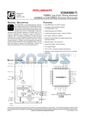 ICS8430BYI-71LFT datasheet - 700MHZ, LOW JITTER, CRYSTAL INTERFACE / LVCMOS-TO-3.3V LVPECL FREQUENCY SYNTHESIZER