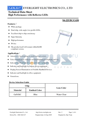 94-22UBC datasheet - High Performance with Reflector LEDs