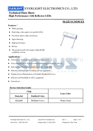 94-22UYC datasheet - High Performance with Reflector LEDs