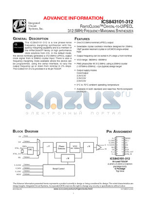 ICS843101-312 datasheet - FEMTOCLOCKS CRYSTAL-TO-LVPECL 312.5MHZ FREQUENCY MARGINING SYNTHESIZER