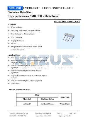 94-22UYOC/S530-XX/S2 datasheet - High performance SMD LED with Reflector