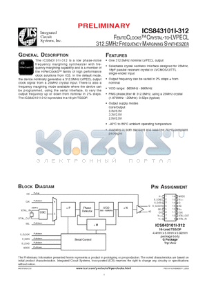 ICS843101AGI-312LFT datasheet - FEMTOCLOCKS CRYSTAL-TO-LVPECL 312.5MHZ FREQUENCY MARGINING SYNTHESIZER