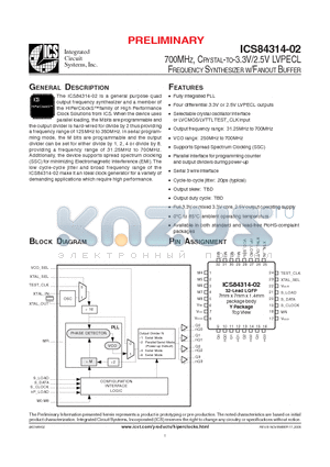 ICS84314-02 datasheet - 700MHZ, CRYSTAL-TO-3.3V/2.5V LVPECL FREQUENCY SYNTHESIZER W/FANOUT BUFFER