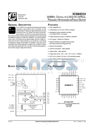 ICS84314AY datasheet - 350MHZ, CRYSTAL-TO-3.3V/2.5V LVPECL FREQUENCY SYNTHESIZER W/FANOUT BUFFER
