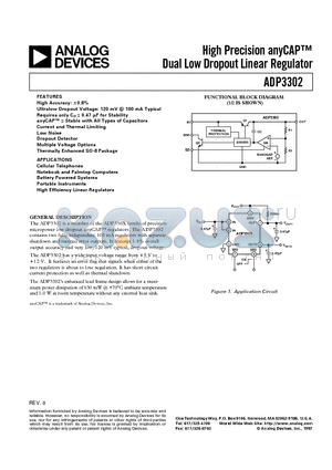 ADP3302AR2 datasheet - High Precision anyCAP Dual Low Dropout Linear Regulator