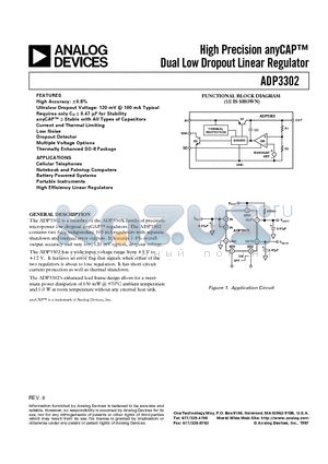 ADP3302AR5 datasheet - High Precision anyCAP Dual Low Dropout Linear Regulator