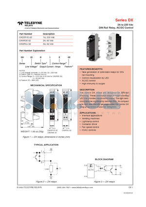DX22R1E-02 datasheet - 3A to 220 Vdc DIN Rail Relay, AC/DC Control
