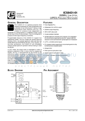 ICS8431CM-01 datasheet - 200MHZ, LOW JITTER, LVPECL FREQUENCY SYNTHESIZER