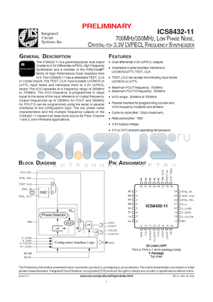 ICS8432-11 datasheet - 700MHZ/350MHZ, LOW PHASE NOISE, CRYSTAL-TO- 3.3V LVPECL FREQUENCY SYNTHESIZER