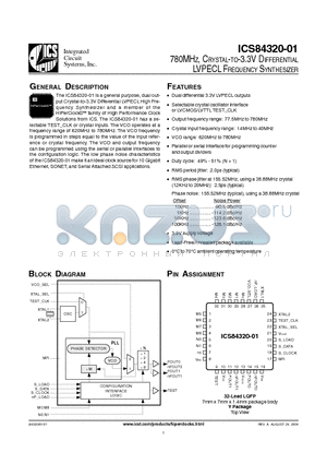 ICS84320-01 datasheet - 780MHZ, CRYSTAL-TO-3.3V DIFFERENTIAL LVPECL FREQUENCY SYNTHESIZER