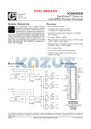 ICS843204AGI datasheet - FEMTOCLOCKS CRYSTAL-TO-3.3V LVPECL FREQUENCY SYNTHESIZER