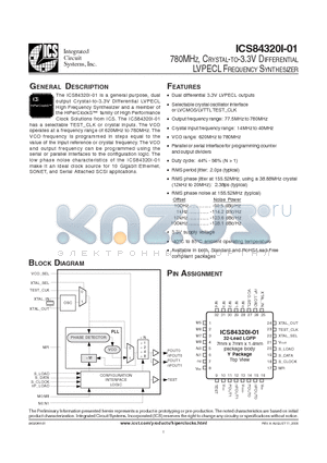 ICS84320AI01 datasheet - 780MHZ, CRYSTAL-TO-3.3V DIFFERENTIAL