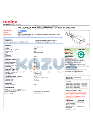 94030-3891 datasheet - Quick Disconnect, Female, for 0.50-1.00mmb (18-20 AWG) wire, Accepts 6.35mm (.250