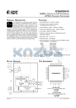 ICS84320AK-01T datasheet - 780MHZ, CRYSTAL-TO-3.3V DIFFERENTIAL LVPECL FREQUENCY SYNTHESIZER