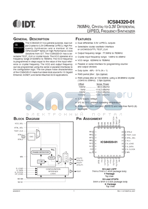 ICS84320AY-01 datasheet - 780MHZ, CRYSTAL-TO-3.3V DIFFERENTIAL LVPECL FREQUENCY SYNTHESIZER