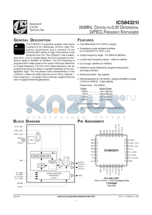 ICS84321AYI datasheet - 260MHZ, CRYSTAL-TO-3.3V DIFFERENTIAL LVPECL FREQUENCY SYNTHESIZER