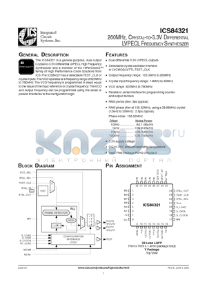 ICS84321AYT datasheet - 260MHZ, CRYSTAL-TO-3.3V DIFFERENTIAL LVPECL FREQUENCY SYNTHESIZER